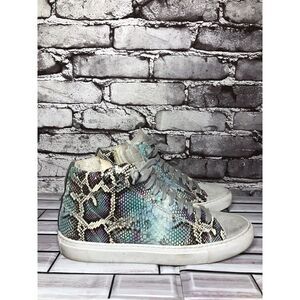 P448 Blue Leather Snake Lace Up Casual Side Zip High Top Sneakers Shoes Women 39
